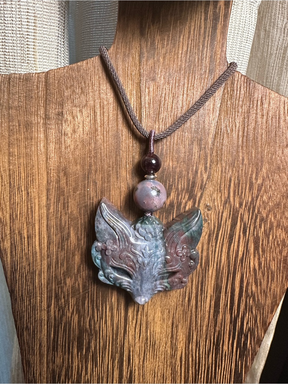 Blue & Purple Ocean Jasper Fox Mask Pendant Necklace on Brown Rope with Garnet - Picture 11 of 13